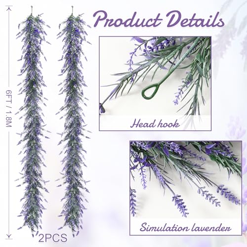 TOCHGREEN 6FT 2PCS Spring Summer Lavender Garland Artificial Purple Flower Garlands Faux All Year Lavender Garlands for Home Indoor Door Mantle Window Wall Arch Farmhouse Wedding Stair Table Decor - color: 2pcs