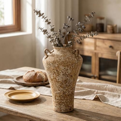 Ceramic Rustic Farmhouse Vase,Extra Large Terra Cotta Vase, Huge Pottery Decorative Flower Vases for Living Room Entryway Table Centerpiece Decor(12.5'' X 7.8'' x 7.8'') (Castle) - color: Castle