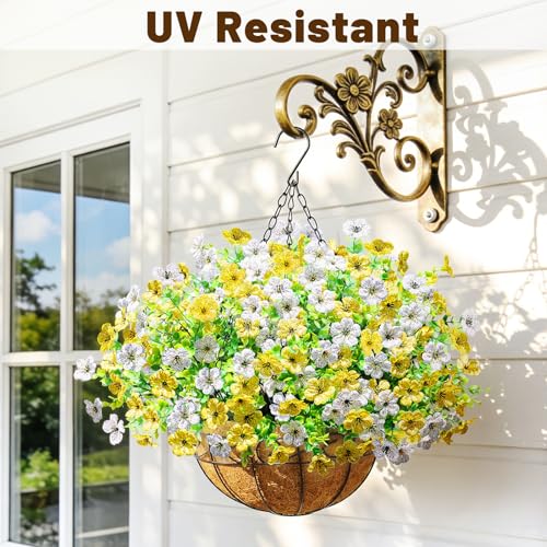 2 Pack Artfiticial Hanging Flowers Baskets for Outdoors, UV Resistant Faux Hanging Plants, 24 Pcs Fake Silk Flowers for Patio Garden Front Porch Balcony Decor (Yellow White) - color: Yellow White