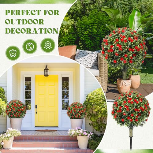 Lunmon 2 Pack 24" Artificial Topiary Ball Plants Trees with Flowers, Outdoor Fake Topiary Plants with Ground Spike, UV Resistant Faux Bushes for Indoor Outdoor Front Door Decor(Red,Rose) - color: Red, style: Rose