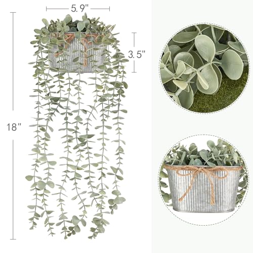 Mkono Fake Hanging Plants in Farmhouse Galvanized Pots Rustic Faux Potted Eucalyptus Greenery Indoor Artificial Plants for Book Shelf Mantel Living Room Bathroom Bedroom Home Office Decor (1, Grey) - color: Grey