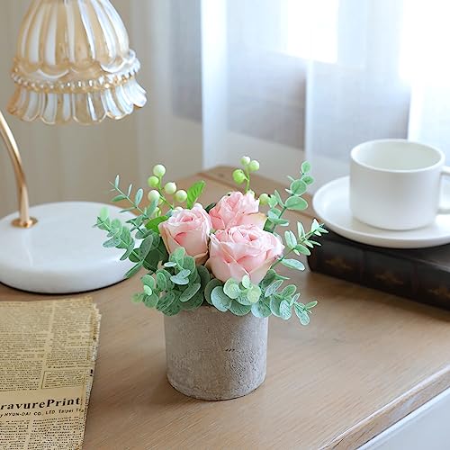 Small Artificial Burnt Pink Rose Potted Plant, 6" Fake Silk Flowers in 3" Cylindrical Pot, Mini Faux Floral Arrangement for Desk Shelf Bathroom Decor - color: Burnt Pink