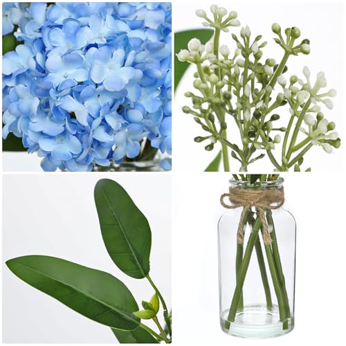 Hollyone Blue Hydrangea Artificial Flowers in Clear Glass Vase with Faux Water Silk Hydrangeas Fake Flowers Floral Arrangement for Home Bathroom Kitchen Office Table Centerpiece Shelf Decorations - color: Blue