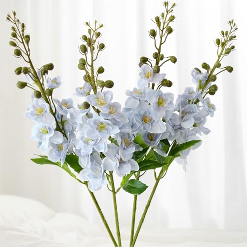 JINWOE Light Blue Flowers Delphinium Artificial Flowers, 4Pcs 26" Large Lifelike Fake Larkspur, Plant Silk Flowers with Long Stem for Tall Floor Vase Home Wedding Office Party Arrangement Decoration - color: Light Blue