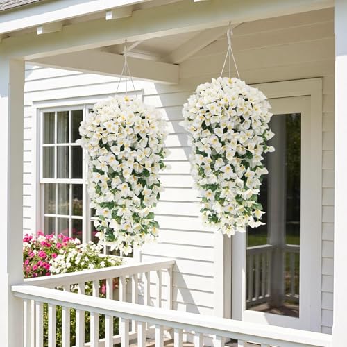 ATTGREAT Artificial Bougainvillea for Outdoors Faux Plants UV Resistant Flowers Fake Plastic Plants Realistic Silk Flowers for Porch Planter Garden Outside Hanging Decoration, 2Pcs (White) - color: White