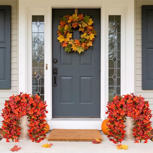 INXUGAO 2 pcs Artificial Faux Bougainvillea Fall Flowers Plants for Outdoor Outside Decoration, Fake Silk UV Resistant Long Trailing Vines for Front Door Porch Planter Balcony Decor - color: Orange Red