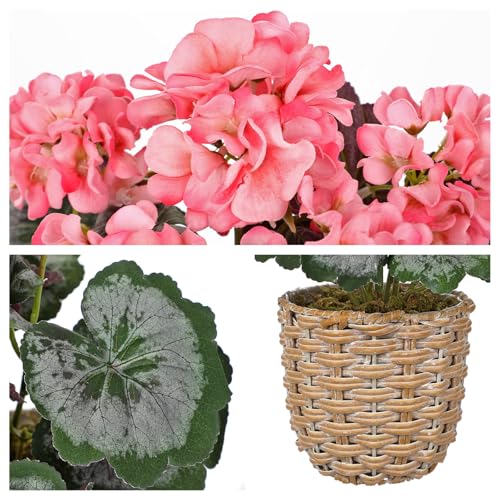 Briful Artificial Pink Geranium Flowers in Woven Basket, 14.5’’ Tall Silk Flower Arrangement, Realistic Geraniums Artificial Outdoor Plants for Home Indoor Farmhouse Table Wedding Centerpiece Decor - color: 14.5'' Tall Pink, Woven Basin