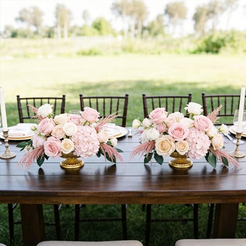 Gold Metal Urn Vases Set - 3.7 Inch Small Pedestal Flower Pot for Wedding Centerpieces, Table Decor, Floral Arrangements, Anniversary Party, Home Decoration (2, Gold-3.7"×7.3")
