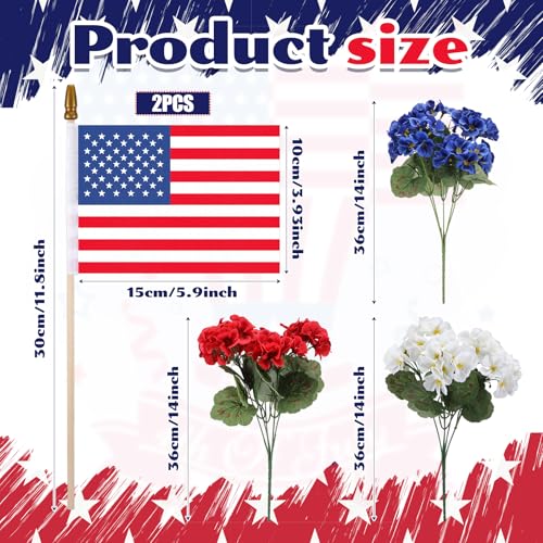 Tigeen 14 Pcs 4th of July Decor Red White Blue Artificial Flower Patriotic Decoration Artificial Geranium with 2 Flag 250th Anniversary Table Centerpieces for Memorial Veterans Independence Day Decor - style: Geranium