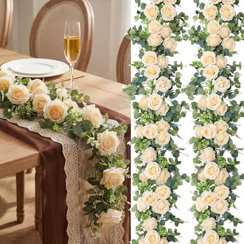 Riceshoot 6 Pcs 26 ft Artificial Eucalyptus Vines Garland with Flowers Faux Floral Greenery Garlands Rose Wreath for Wedding Party Arch Table Decor Backdrop Decorations (Champagne) - color: Champagne
