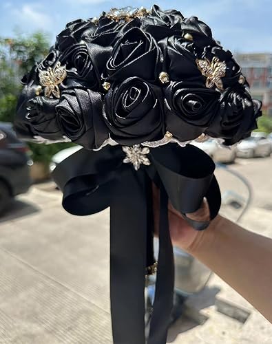 Sharebeauty 9.4" Handmade Satin Rose Bridal Bouquet Toss Round Wedding Bouquet Throw Toss Artificial Flower Bunch Black - color: 809a Black, size: 9.4"/24cm