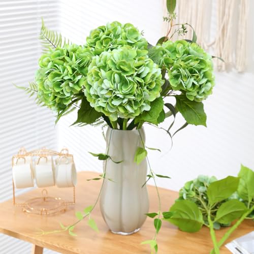 Nubry 4Pcs Green Hydrangea Artificial Flowers, 22.5In Latex Faux Real Touch Large Hydrangea Flowers with Long Stems & Leaves for Home Office Decor Wedding Party Arrangements(Green) - color: Green, size: 4 Pcs