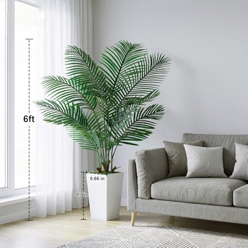 6FT Artificial Palm Tree, Palm Tree 72in Tall Faux with 15.7 White Planter, Fake Potted Tree with Lifelike Leaves for Indoor & Outdoor Home Office Decor