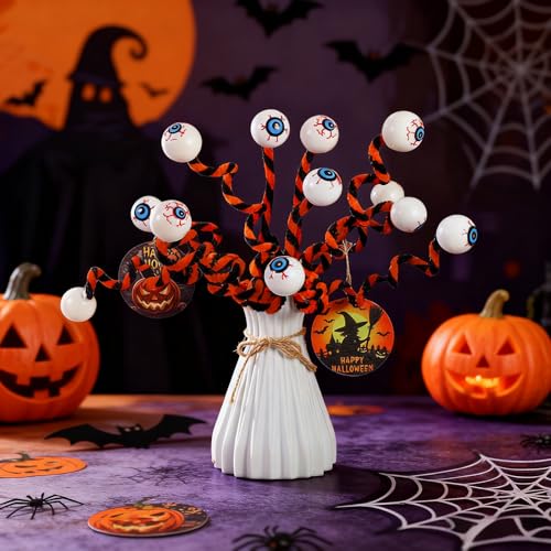 12 Pcs Halloween Eyeballs Decor Plastic Floral Picks and Sprays Flexible Stems Halloween Branches for Vase Filler Flowers Artificial for Home Decoration Bouquet Accessories (Orange)