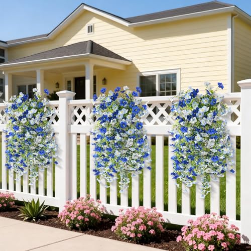 Artificial Fake Flowers Plants for Outdoor Spring Summer Decoration,2 PCS Faux Silk Morning Glory with Eucalyptus Leaves,UV Resistant Realistic Outdoor Flowers for Balcony Porch Patio Yard Garden - color: Mixed Color