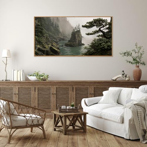 Rantodecor Coastal Forest Framed Canvas Wall Art, Pacific Northwest Coast landscape Wall Decor, Nature PNW Mountain Sea Art Paintings, Sage Green Pine Artwork for Bedroom Living Room Office 40"x20" - color: Coastal Forest, size: 40"L x 20"W