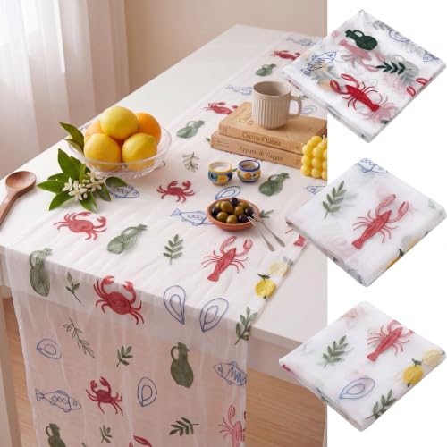 Mindsoft 3 Pcs Italian Summer Table Runner, 10ft Tablecloth Crab Party Decorations Gauze Embroidery Tulle Lace Runner for Table Wedding Birthday Bridal Baby Shower Dining Decor DIY - style: Italian Summer