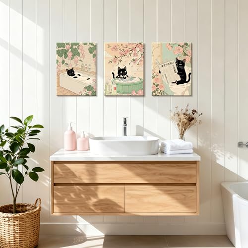 WENGTIAO Japanese Bathroom Wall Art Set of 3 Funny Black Cat Wall Paintings Cute Japan Cat Prints Pictures Animal on Toilet Photo Home Decor for Bathroom Restroom Laundry Room 12”x16”x3 - color: Black Cat Bathroom, size: 12"x16"x3Pcs