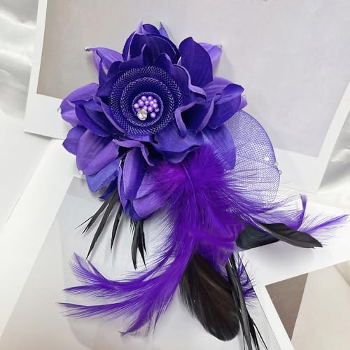 Elegant Flower Brooch for Women Wedding Party Dance Banquet Pins Feather Flower Fascinator Lady Floral Hairpins Dress Suit Lapel Pin Ceremony Accessories Corsage Brooches Vintage Jewelry Gifts - color: Purple