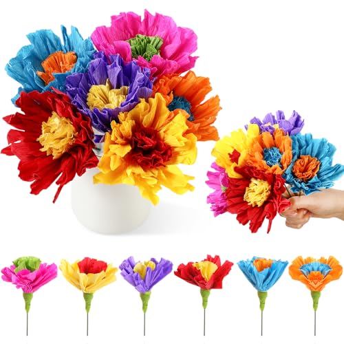 Ctosree 6 Pcs Mexican Paper Flowers Artificial Rainbow Crepe Paper Flowers Bunch with Stems De Papel para Decoracion Mexican Fiesta Assorted Flower Centerpieces for Fiesta Cinco De Mayo Party Home - color: Bright