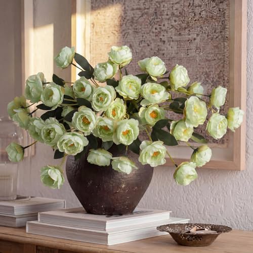 6 Pcs 32" Large Green Artificial Peonies Stems Flowers, Real Look Faux Silk Peony Bouquet 42 Heads Total for Vase Filler, Farmhouse Rustic Neutral Home Decor, Wedding Centerpieces - color: Green