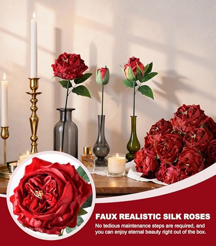 florisso Bright Red Austin Rose Faux Flowers - 13 Branches Silk Austin Roses for Wedding Floral, Table Decor & DIY Bouquets (Silk Faux Flowers) - color: Austin-red