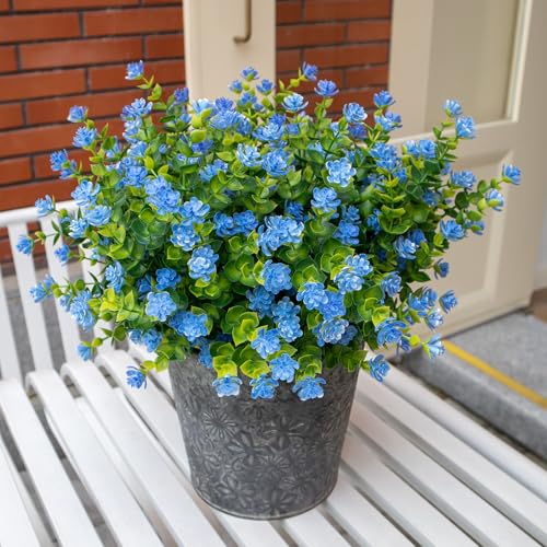 Artificial Flowers for Outdoors, 12 Bundles UV Resistant Artificial Outdoor Flowers, Not-Fading Plastic Fake Flowers for Outdoor Planters for Home Garden Porch Yard Decor, Blue - color: Blue
