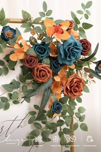 Ling's Moment Wedding Artificial Welcome Sign Flowers Swag Arch Floral Garland Decorations Teal Orange for Ceremony Reception Entrance Entryway Party Banquets Easel Wall Home Outdoor(NOT Include Sign) - color: Teal & Orange