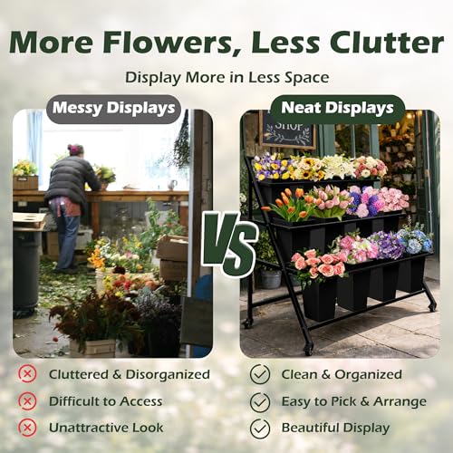 PROLEE Flower Display Stand with 12 Buckets, Flower Cart 3 Layers, Flower Stand Metal with Wheels, Moving Florist Bouquet Shelf, Triangular Rack Black - color: Black