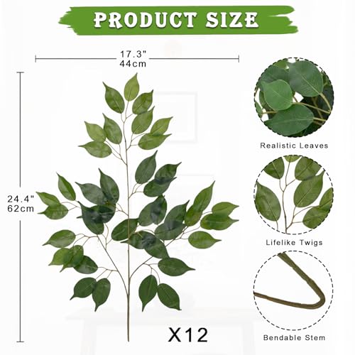 12PCS Ficus Leaves Artificial Branches 24" Faux Ficus Greenery Tree Branches Fake Ficus Leaves Sprays for Tree DIY Arch Wedding Wall Decor - Green - color: 24inch-12pcs/Green