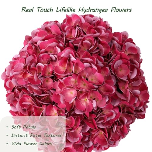 Bellacat Real Touch Faux Hydrangea Flowers with 11" Hanging Basket, Fake Hanging Hydrangea Flowers with Realistic Flowers, Artificial Hanging Flowers for Outdoors Porch Patio Balcony (Rose Red, 2Pack) - color: Rose Red