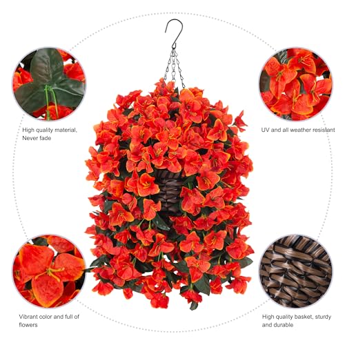 Ivydale Bougainvillea Artificial Hanging Fake Flowers with Basket for Outdoors Decoration, Faux Silk Flowers UV Resistant Fake Plants Long Vines Realistic for Outside Front Door Porch, Orange - color: Orange