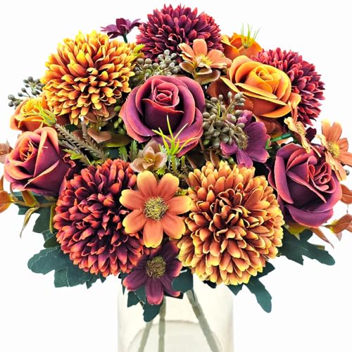 3 Pcs Fall Flowers Artificial Mums Silk Chrysanthemum Rose Daisy Bouquet Fake Mum Faux Floral Arrangements Home Indoor Outdoor Planter Decor Party Wedding Table Autumn Decoration - color: Fall Colors -a