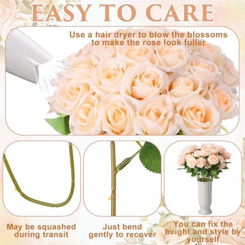 36 Pcs Champagne Artificial Roses with Long Stems, Fake Silk Rose Artificial Flowers Bulk for Bridal Wedding Bouquet Centerpiece Ball Arrangement Party Decor - color: Champagne