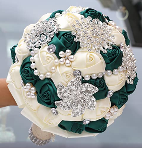 Sharebeauty 7.9 Inch Handmade Satin Rose Bridal Bouquet Toss Round Wedding Bouquet Throw Toss Artificial Flower Bunch Deep Green + Ivory - color: W3217d25 Deep Green/Ivory