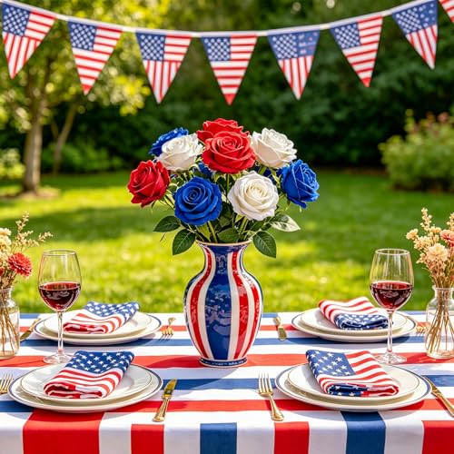 15PCS Red Blue White Artificial Flowers Fake Roses, Silk Artificial Patriotic Flowers with Stems Realistic Bouquets for 4th of July Decorations Independence Day Home Decor Party Crafts DIY - color: Red-blue-white