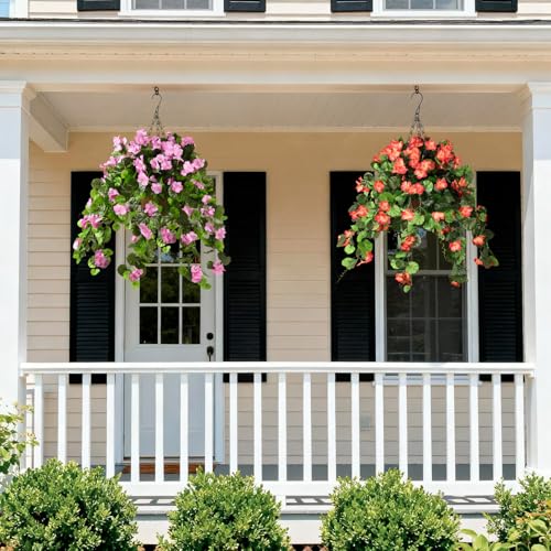 INQCMY Artificial Hanging Flowers Fake Plants for Outdoor Spring Decoration, 2Pcs Realistic Faux Flowers Silk Begonia UV Resistant No Fade for Home Garden Porch Patio Yard Basket(Pink) - color: Pink