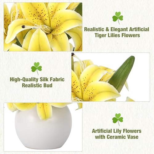 GarveeTech Artificial Tiger Lily Flowers 3 Pcs, Real Touch Yellow Lily Faux Flowers,6 Blooms & 3 Buds,Ceramic Vase Included,Home Table Wedding Baby Shower Birthday Party Centerpiece Decoration - color: Yellow, size: Lily(3 Pcs)