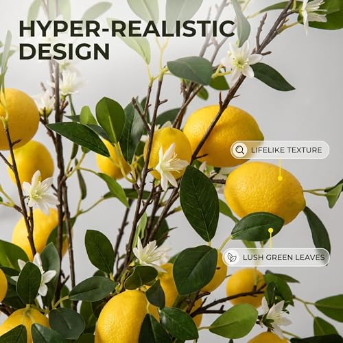 Artificial Lemon Branch Stems, 37 Inch Lifelike Faux Lemon Tree Branches with Green Leaves, Yellow and Green, 4 Pack, Home Decor - size: 37inch