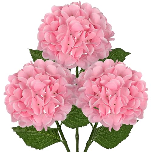 Hollyone 3Pcs Pink Hydrangea Artificial Flowers Real Touch Faux Silk Hydrangeas Flowers with Stem Fake Florals Flower for Home Wedding Table Centerpiece Vase Arrangements Decoration - color: Pink