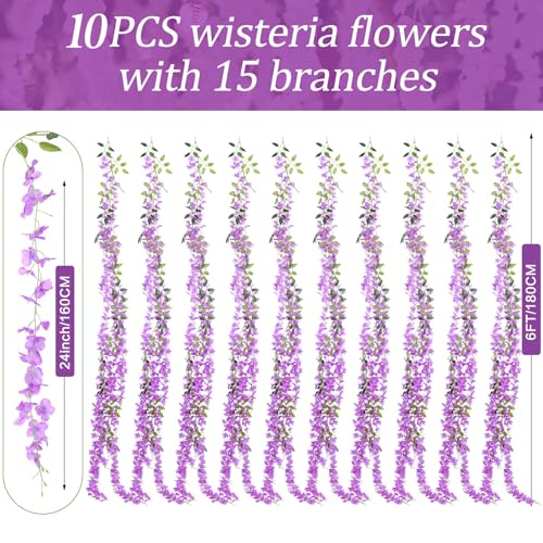 150 Branches Wisteria Hanging Flowers,10Pcs Total 60ft Purple Wisteria Artificial Flowers Garland Vine Silk Hanging Flowers for Wedding Party Arch Ceremony Garden Home Backdrop Decor - color: Purple, size: 10