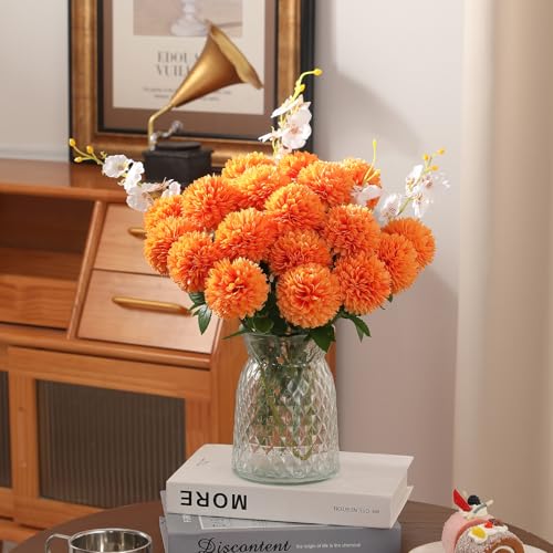 Floweroyal 24pcs Fall Flowers Artificial Chrysanthemum Ball Flower, Fake Mums Silk Hydrangea Flowers Bridal Wedding Bouquet for Home Garden Party Office Autumn Decor - color: Fall Orange-24pcs