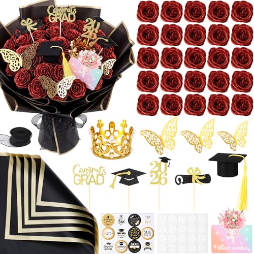 48 Pcs Red Glitter Rose Bouquet DIY Kit, Graduation Gifts for Her Class of 2026, Sparkly Artificial Flowers with Crown 3D Butterflies and Cards, Class of 2026 Senior Graduation Bouquet