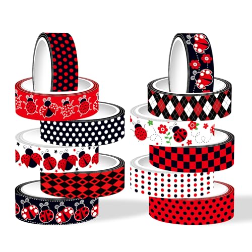 12 Rolls Insect Washi Tape, Seven Star Ladybug Masking Tape, Red Black Spots Decorative Tape for Journaling, Scrapbooking, DIY Crafts, Planner, Gift Wrapping, 16.4FT - color: H