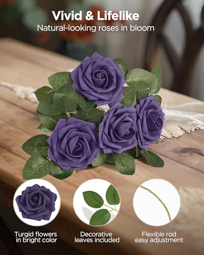InnoGear Artificial Flowers, 50 Pcs Dusty Purple Foam Fake Roses Bulk with Stems for Decoration DIY Wedding Bouquets Centerpieces Bridal Shower Party Valentines Christmas Tree - color: Dusty Purple