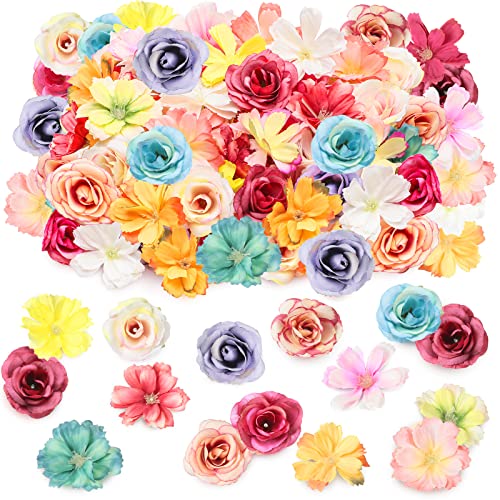 Hanaive 80 Pcs Mini Silk Flower Heads Small Fake Peony Daisy Rose Plum Blossom Bulk Artificial 3D Fabric Flower Heads Bulk for DIY Wedding Hair Dresses Crafts Decoration(Bright Color) - color: Bright Color