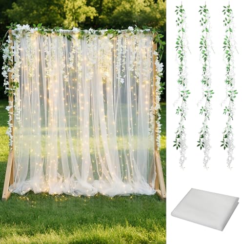 Gilprop 6 Pcs Wisteria Artificial Flowers Garland Lighted White Tulle Backdrop Curtain 10×8ft Sheer Wisteria Flower Curtains Backdrop Vine Silk Hanging for Birthday Engagement Wedding Anniversary