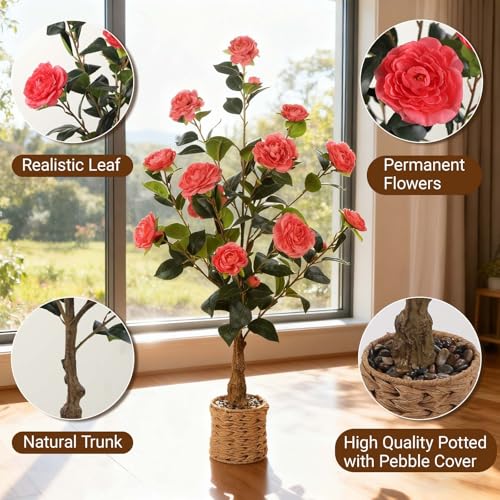 2Pack Artificial Camellia Tree, 3Ft Faux Pink Camellia Plant in Pot, Fake Outdoor Tree Camellia Flower Tree for Home Office Living Room Floor Indoor Decor - color: Pink