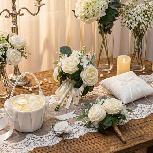 Giegxin 16 Pcs Ivory Rose Wedding Artificial Flowers Package, Bridal Bouquet, 6 Bridesmaid Bouquets, 6 Boutonniere for Men, Rose Petals for Wedding Ceremony Anniversary, Rustic Marriage Proposal