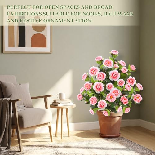 Lunmon 2 Pack 4ft Artificial Camellia Plants Tree without Vase 48" Faux Camellia Flower with Spike UV Resistant Realistic Fake Floral Blooming for Indoor Outdoor Front Door Porch Backyard Garden, Pink - color: Pink, size: 4 ft